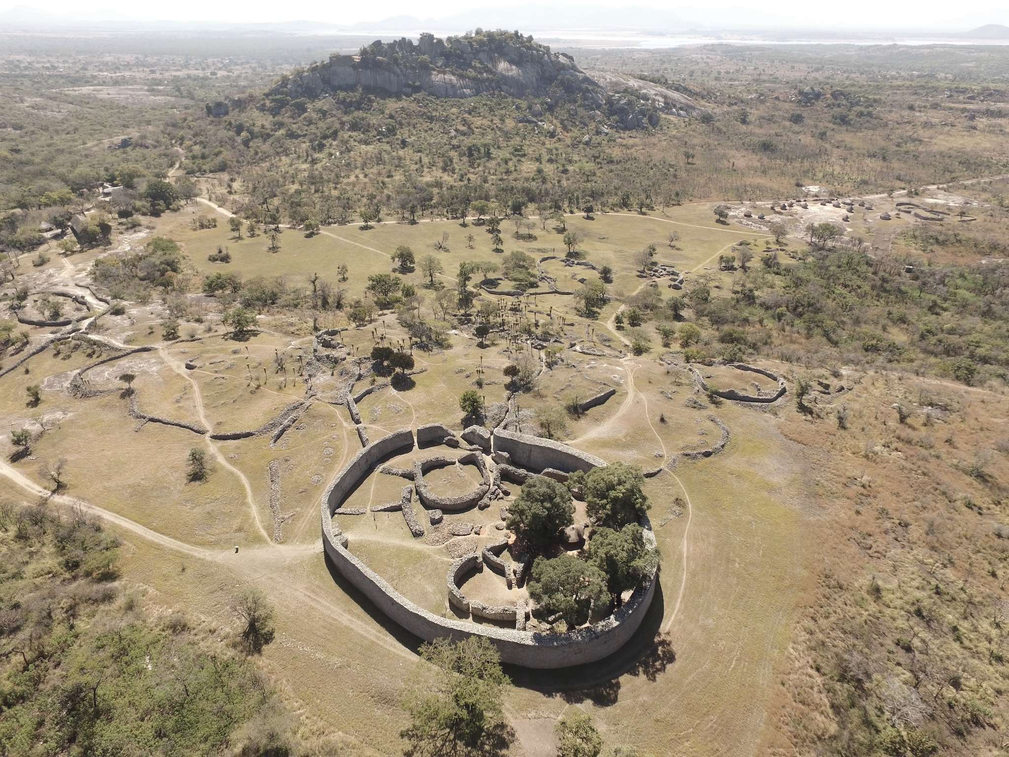 Drone photograph of the central enclosure at the site of Great Zimbabwe National Monument, Zimbabwe.